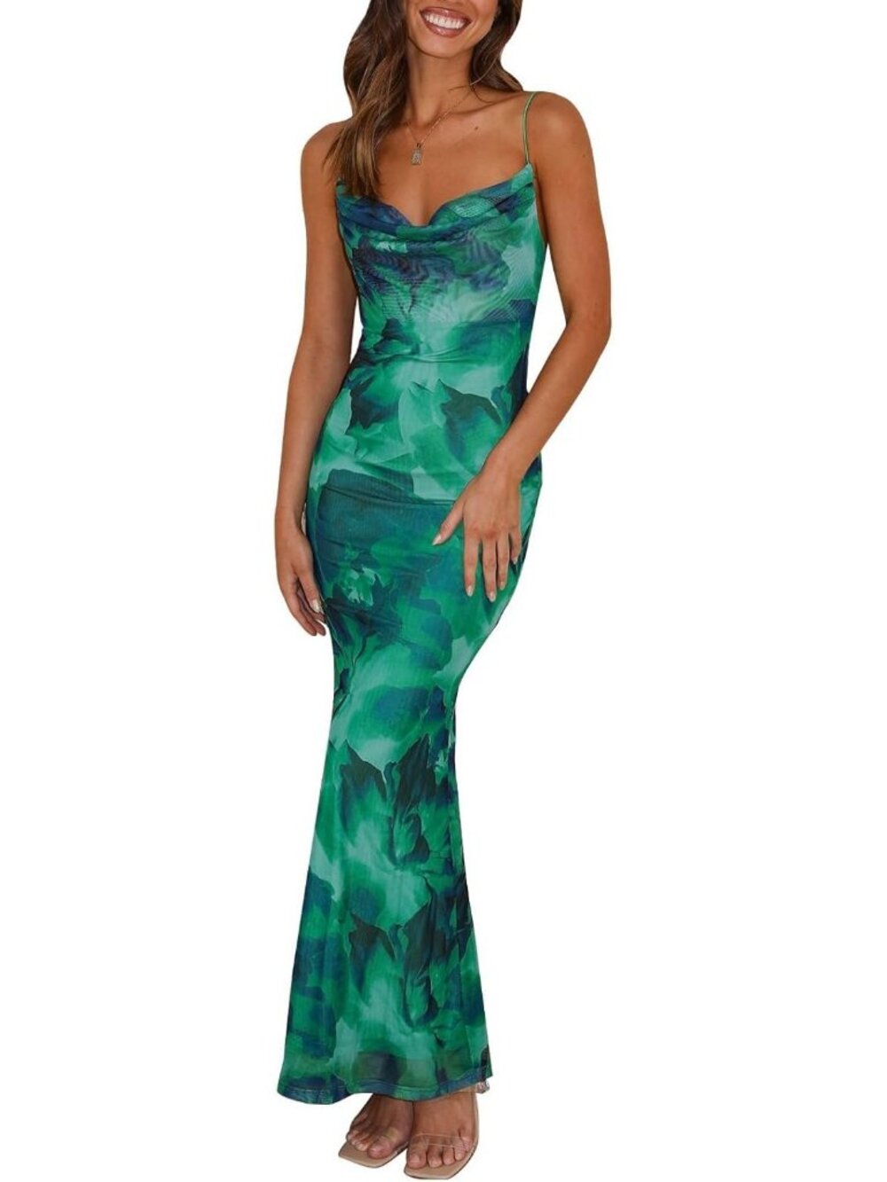 Women's Green Floral Maxi Bodycon Spaghetti Strap Backless Summer Slip Dress
